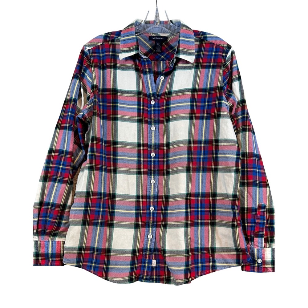 Lands End Womens Medium 10-12 Plaid Button Down Shirt Multicolor Long Sleeve Top